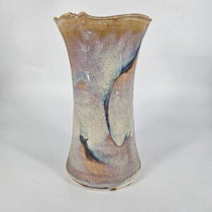 Vintage Vase Handmade Thrown Pottery Studio Art Beige Black Stamped Signed 7"